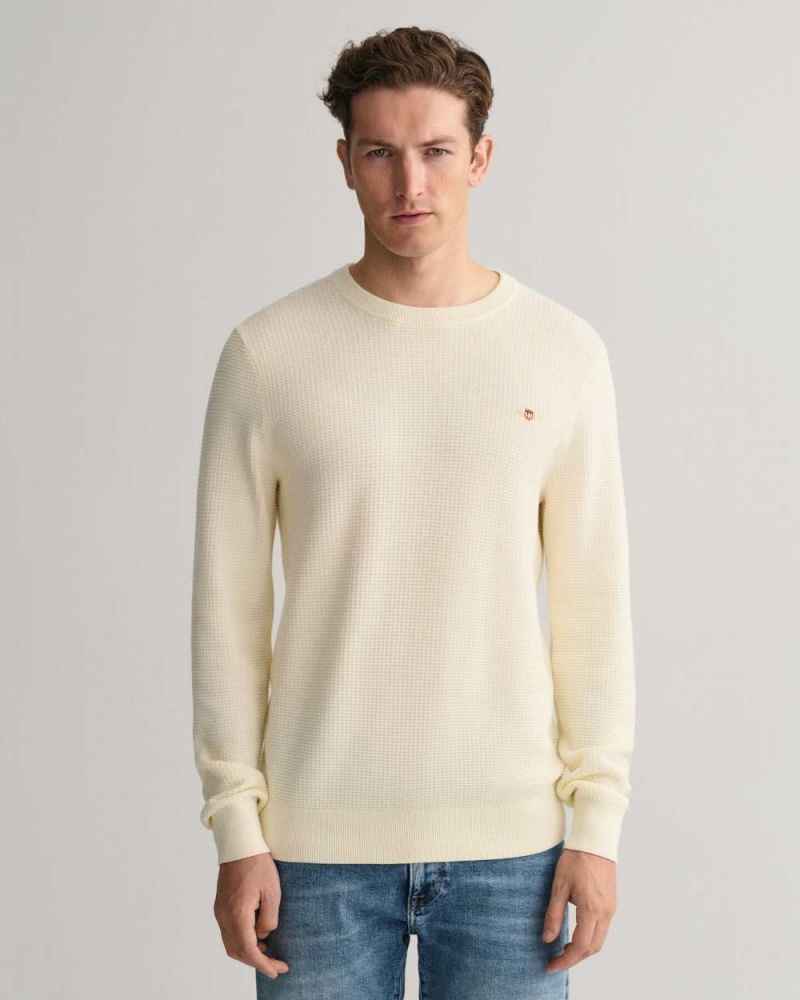 Gant Textured Cotton Crew Neck Men\'s Sweater Cream | JSOKI-8742