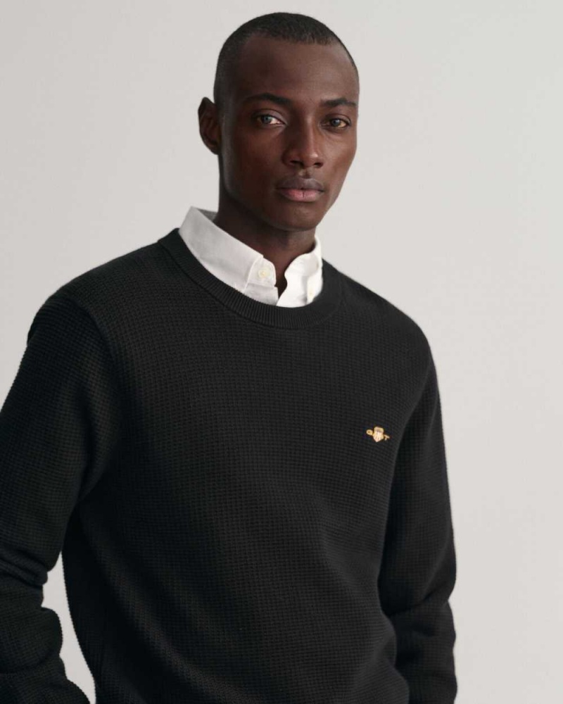 Gant Textured Cotton Crew Neck Men's Sweater Black | ESQPC-2045