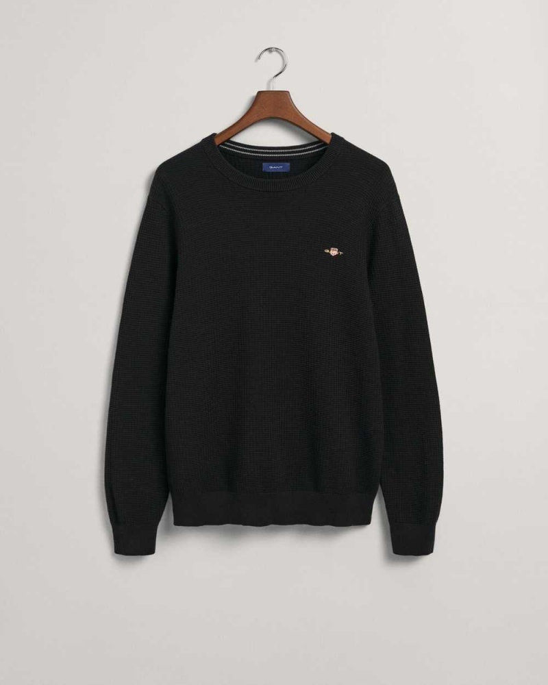 Gant Textured Cotton Crew Neck Men's Sweater Black | ESQPC-2045