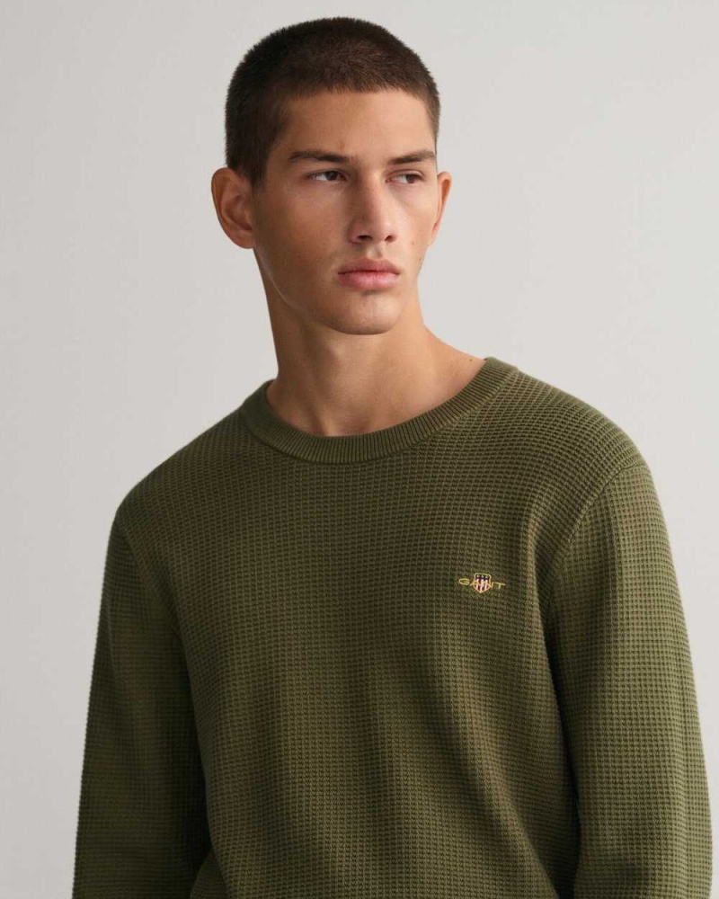 Gant Textured Cotton Crew Neck Men's Sweater Racing Green | SWEUX-1495