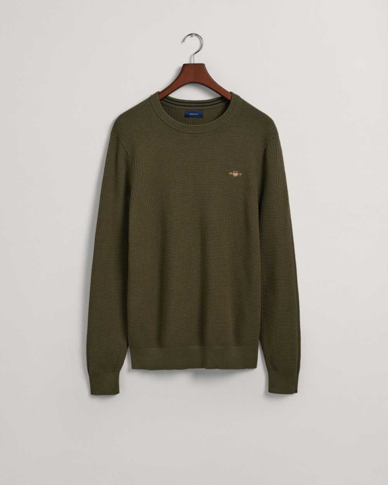 Gant Textured Cotton Crew Neck Men's Sweater Racing Green | SWEUX-1495