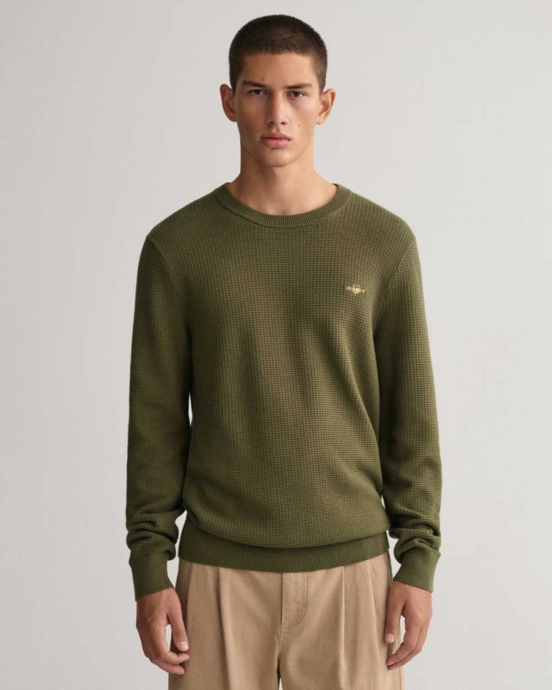 Gant Textured Cotton Crew Neck Men\'s Sweater Racing Green | SWEUX-1495