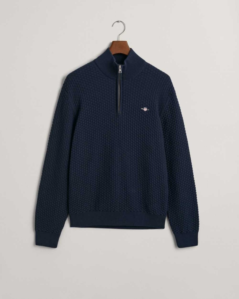 Gant Textured Cotton Half-Zip Men's Sweater Evening Blue | EXIKQ-7328