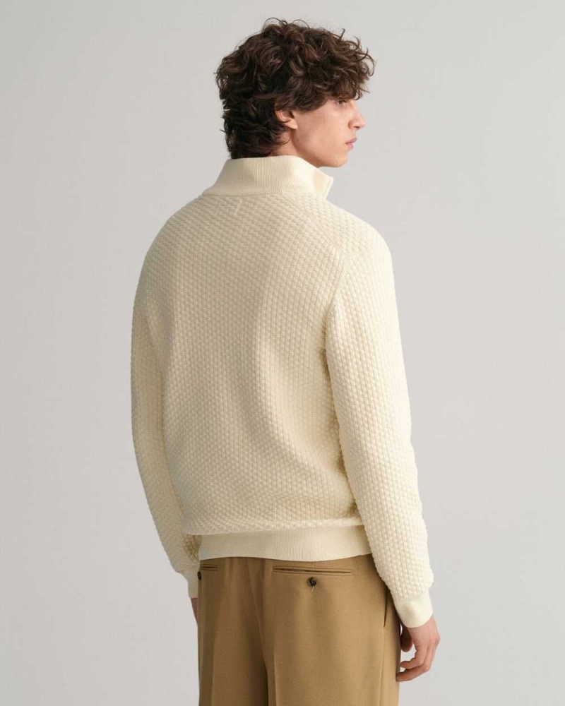 Gant Textured Cotton Half-Zip Men's Sweater Cream | AQPXT-3149