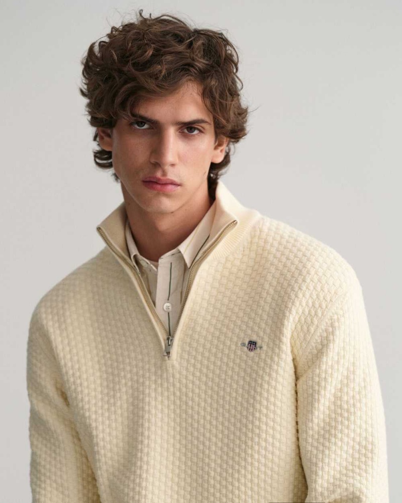 Gant Textured Cotton Half-Zip Men's Sweater Cream | AQPXT-3149