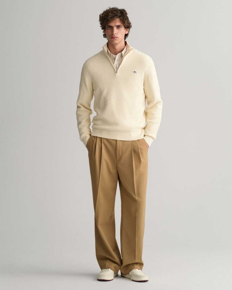 Gant Textured Cotton Half-Zip Men's Sweater Cream | AQPXT-3149