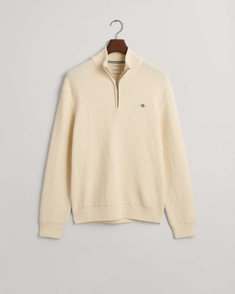 Gant Textured Cotton Half-Zip Men's Sweater Cream | AQPXT-3149