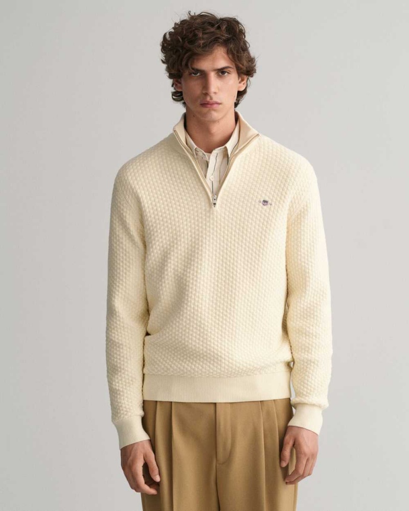 Gant Textured Cotton Half-Zip Men\'s Sweater Cream | AQPXT-3149