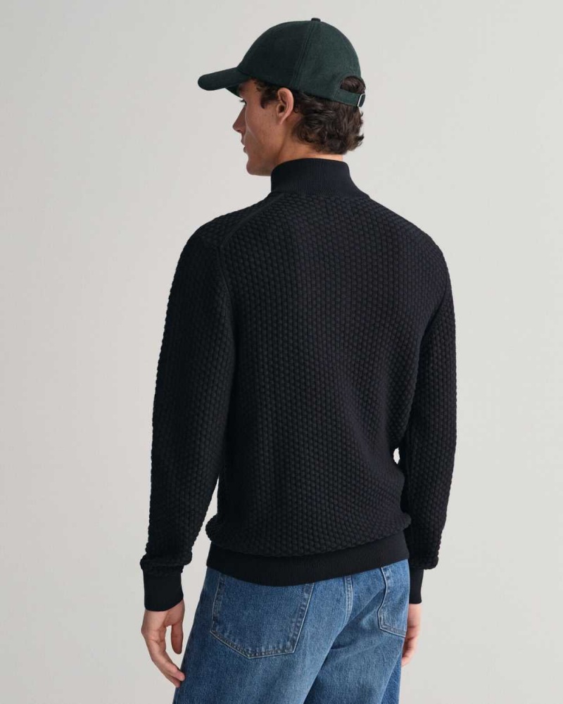 Gant Textured Cotton Half-Zip Men's Sweater Black | PMLTB-0742