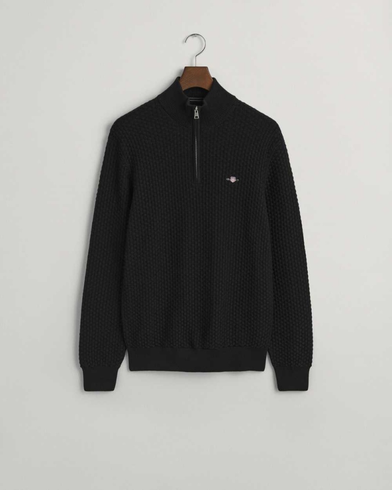 Gant Textured Cotton Half-Zip Men's Sweater Black | PMLTB-0742