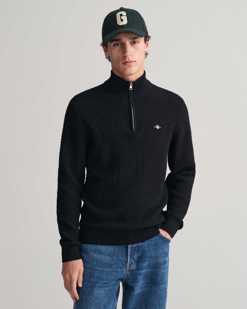 Gant Textured Cotton Half-Zip Men\'s Sweater Black | PMLTB-0742