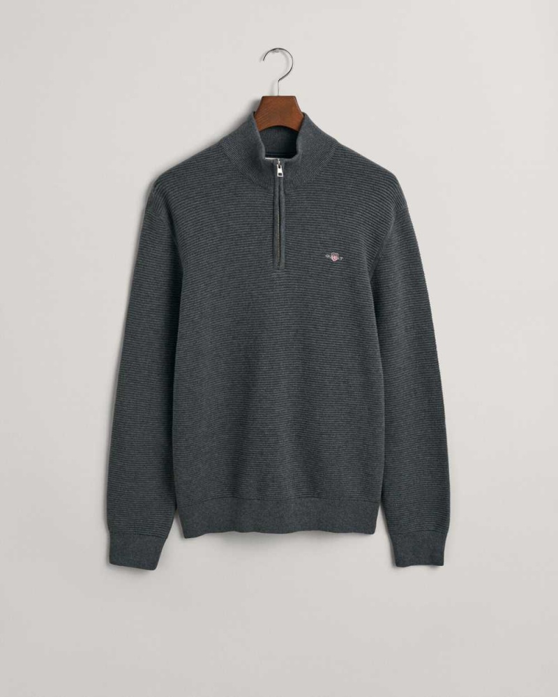 Gant Textured Cotton Half-Zip Men's Sweater Dark Grey | DZGIA-7613