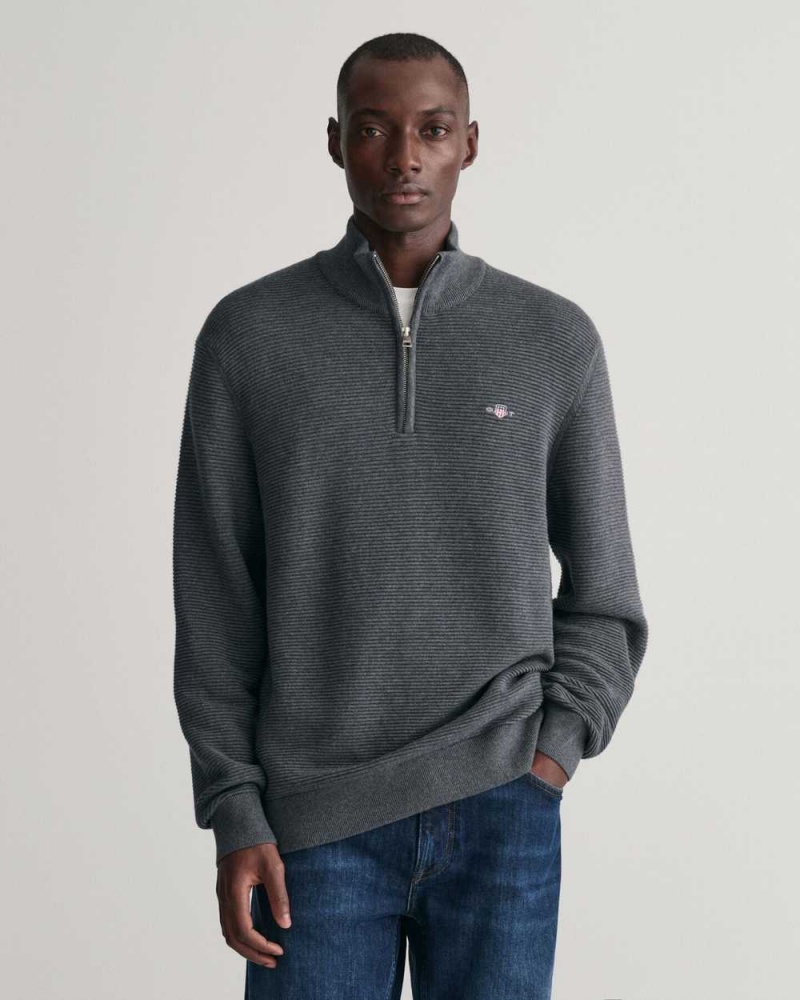 Gant Textured Cotton Half-Zip Men\'s Sweater Dark Grey | DZGIA-7613