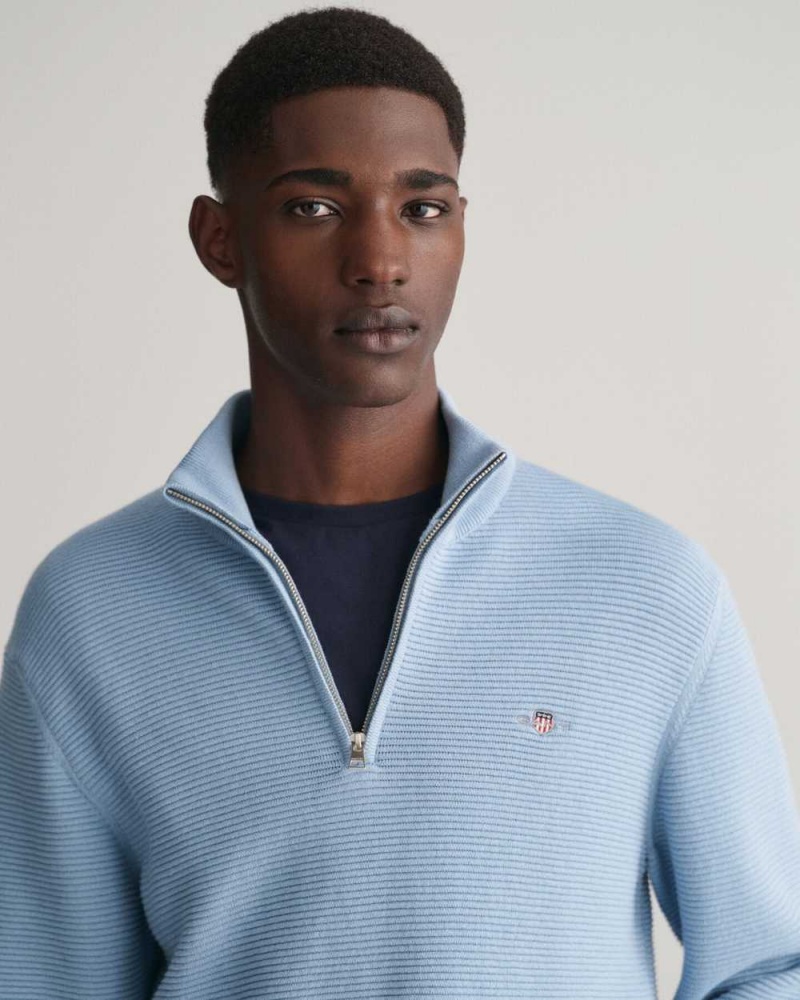 Gant Textured Cotton Half-Zip Men's Sweater Blue | XLWID-4326