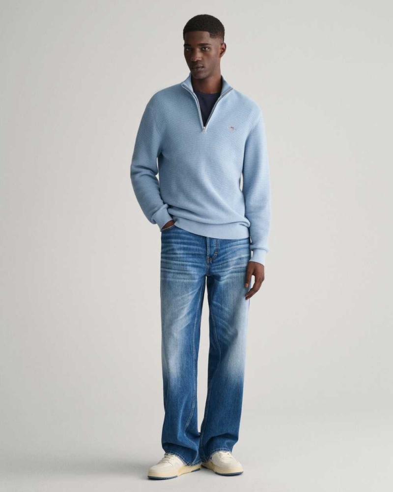 Gant Textured Cotton Half-Zip Men's Sweater Blue | XLWID-4326