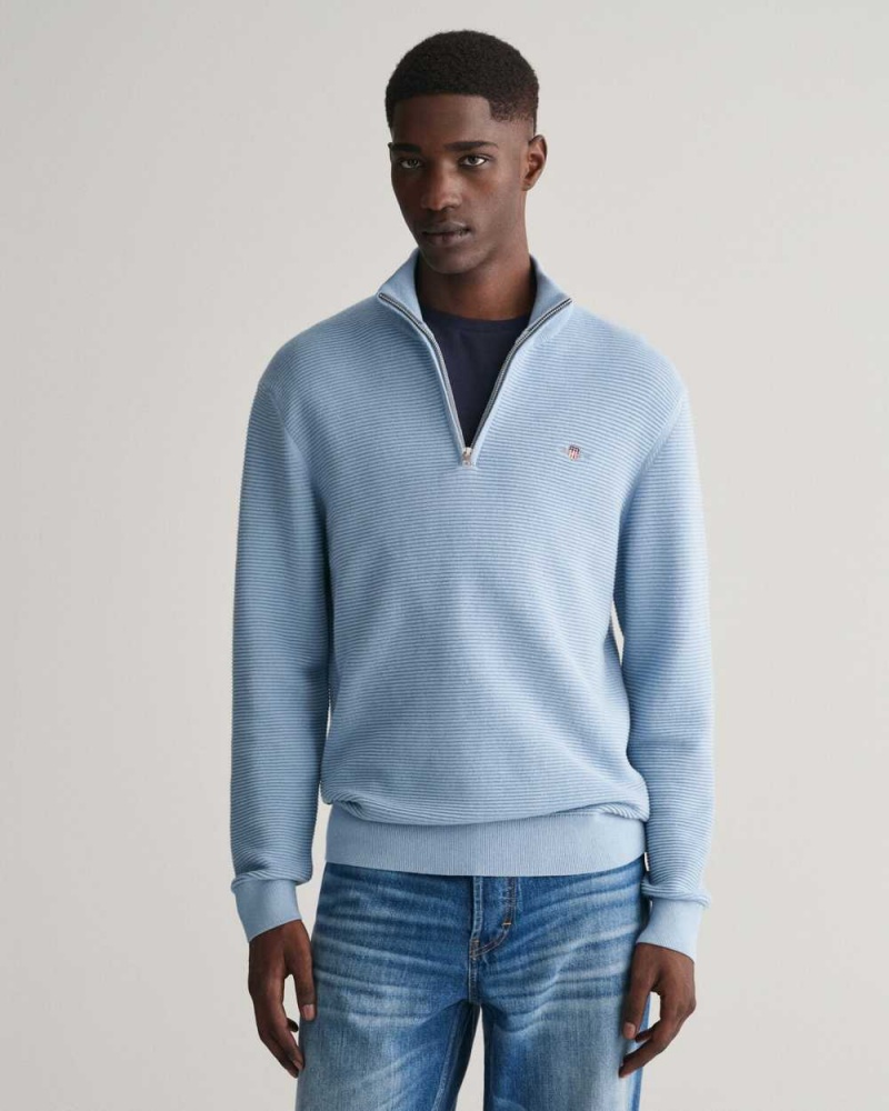 Gant Textured Cotton Half-Zip Men\'s Sweater Blue | XLWID-4326