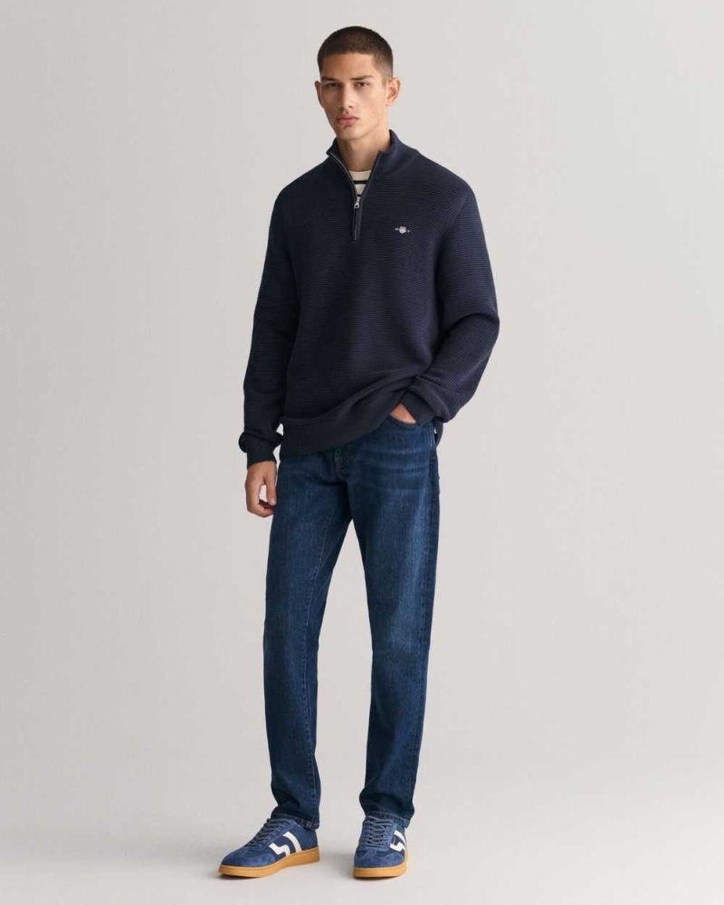 Gant Textured Cotton Half-Zip Men's Sweater Evening Blue | VEBCZ-3109