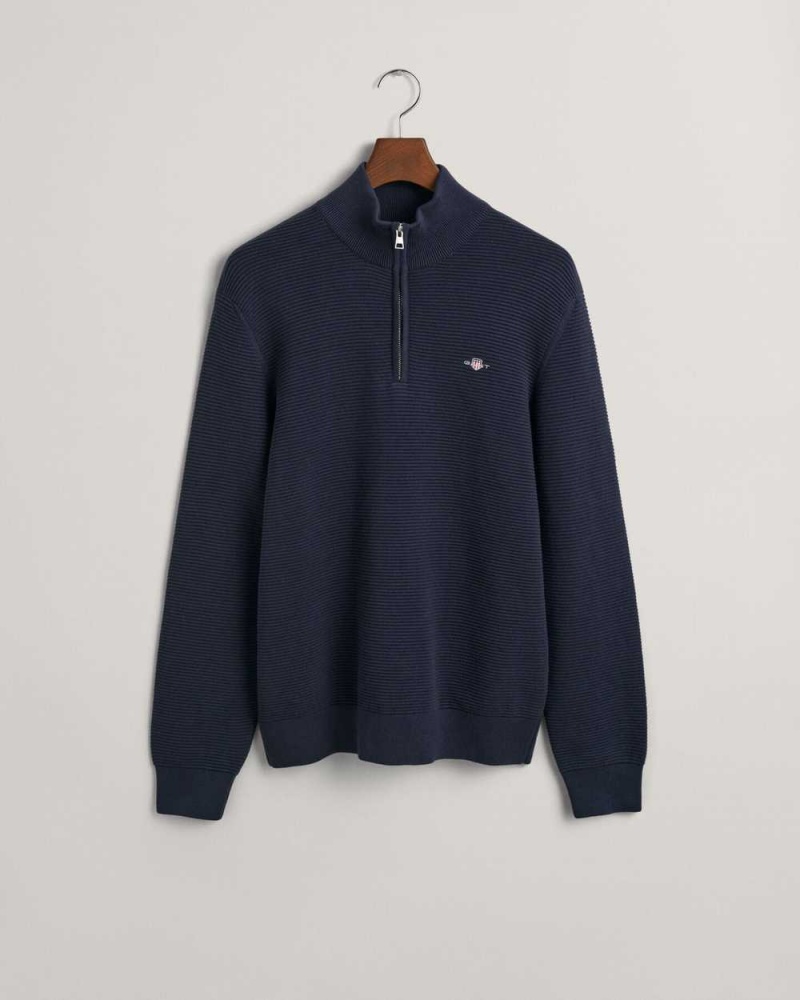 Gant Textured Cotton Half-Zip Men's Sweater Evening Blue | VEBCZ-3109