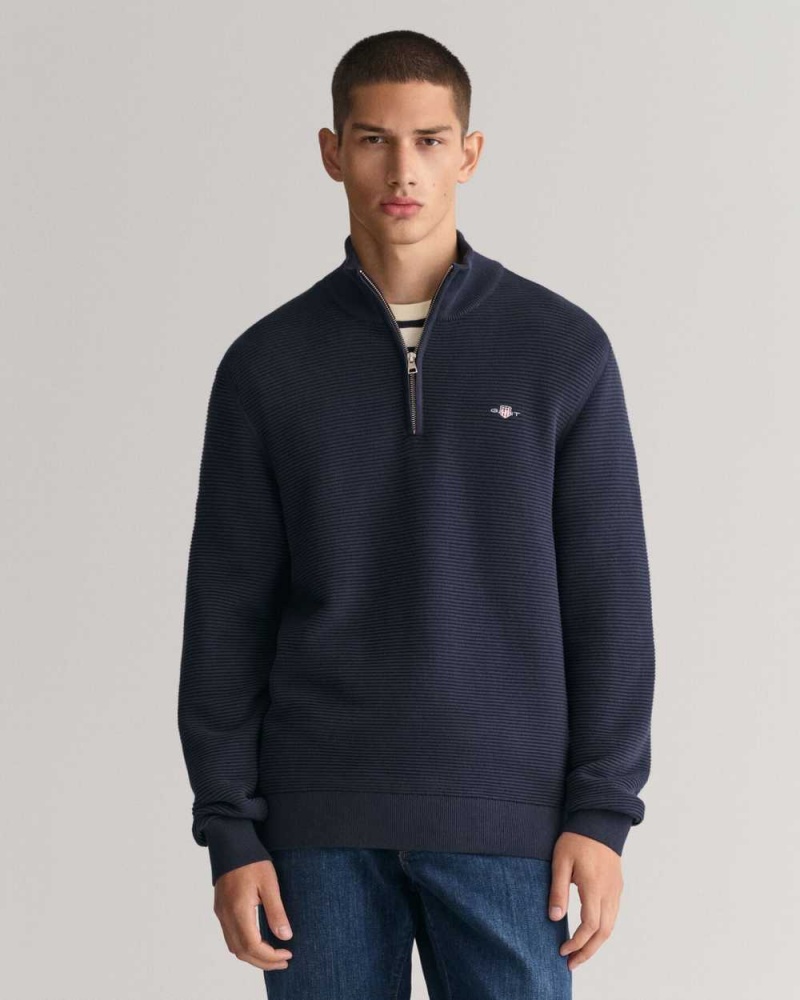 Gant Textured Cotton Half-Zip Men\'s Sweater Evening Blue | VEBCZ-3109