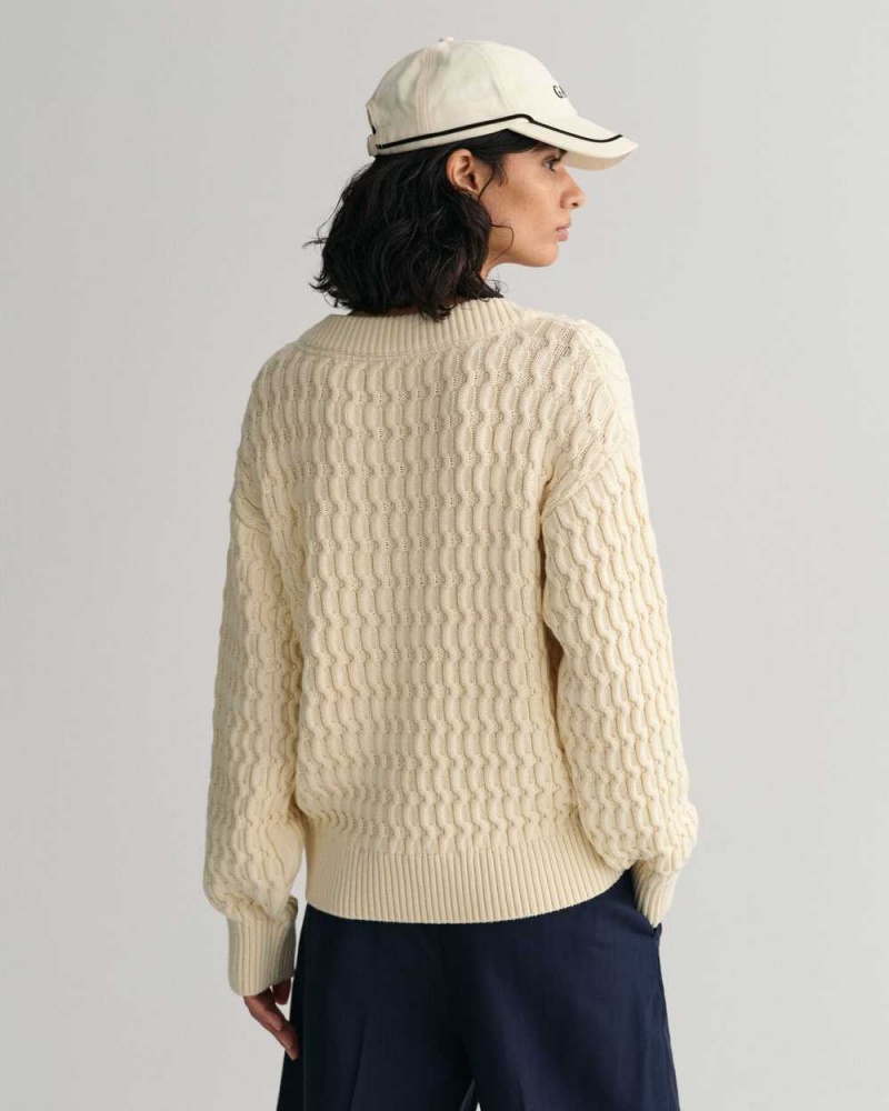 Gant Textured Cotton V-Neck Women's Sweater Cream | PHGYC-3652