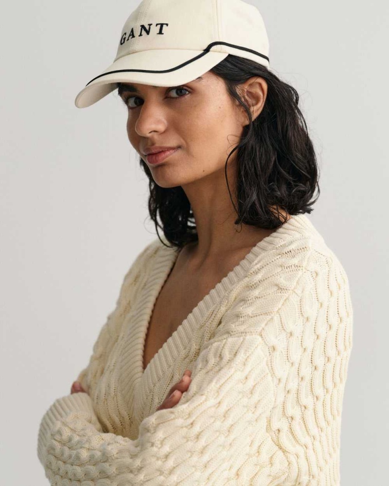 Gant Textured Cotton V-Neck Women's Sweater Cream | PHGYC-3652