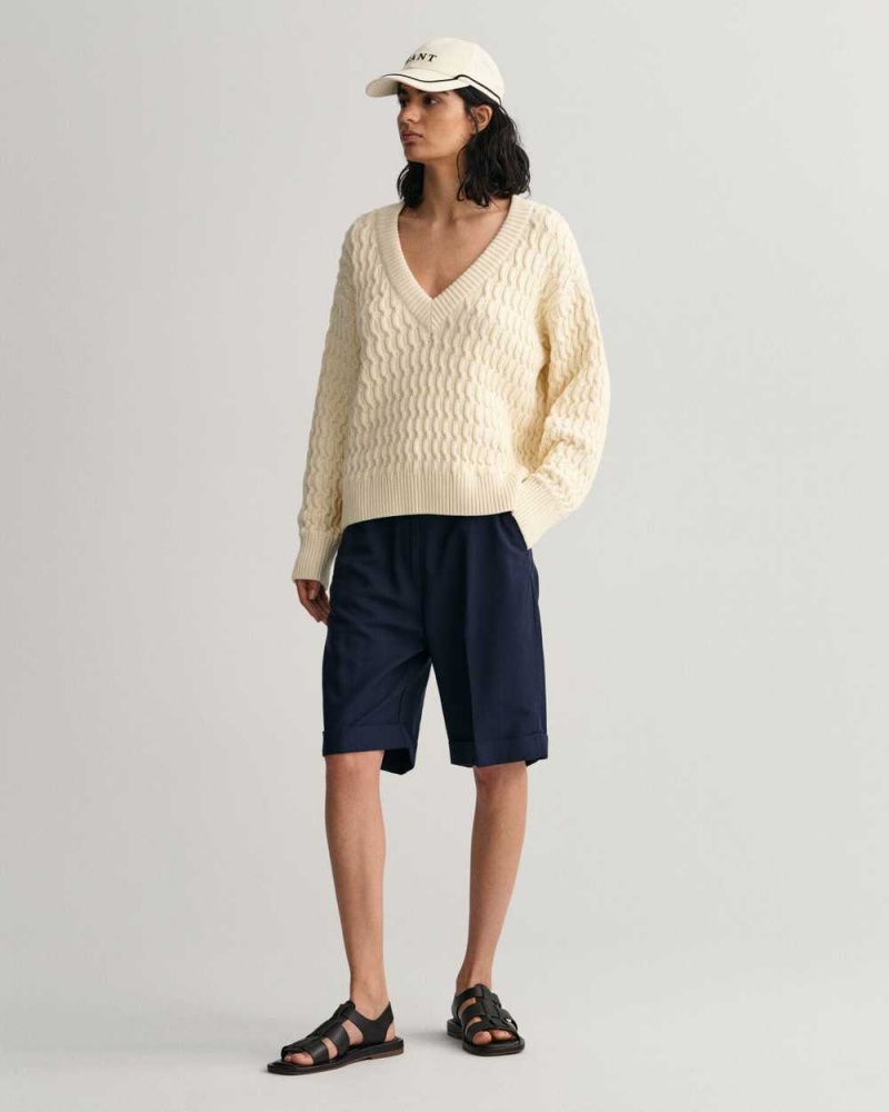 Gant Textured Cotton V-Neck Women's Sweater Cream | PHGYC-3652