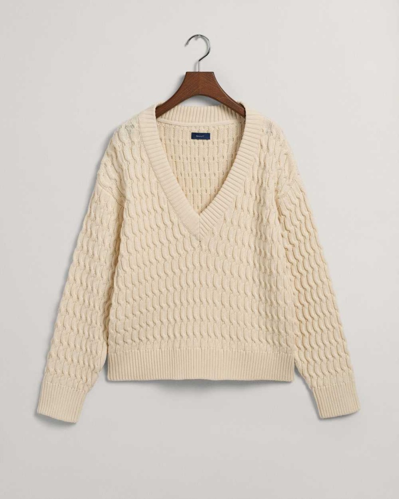 Gant Textured Cotton V-Neck Women's Sweater Cream | PHGYC-3652