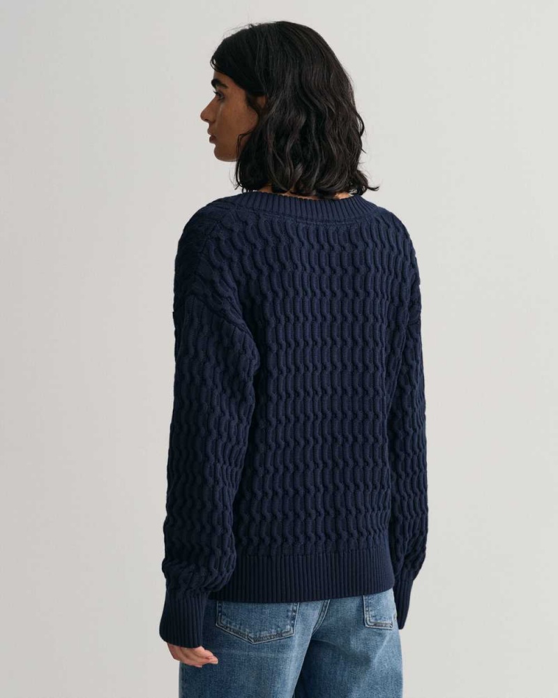 Gant Textured Cotton V-Neck Women's Sweater Evening Blue | SQNMA-2386