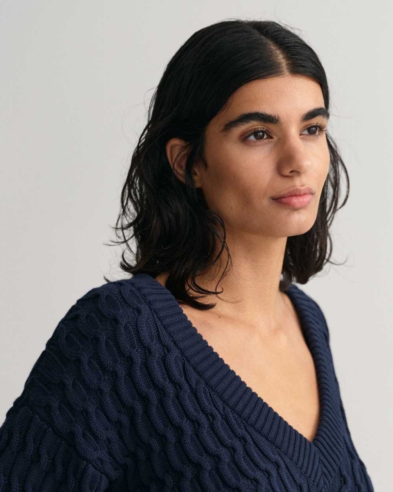 Gant Textured Cotton V-Neck Women's Sweater Evening Blue | SQNMA-2386