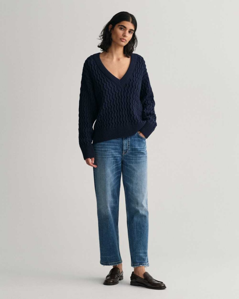 Gant Textured Cotton V-Neck Women's Sweater Evening Blue | SQNMA-2386