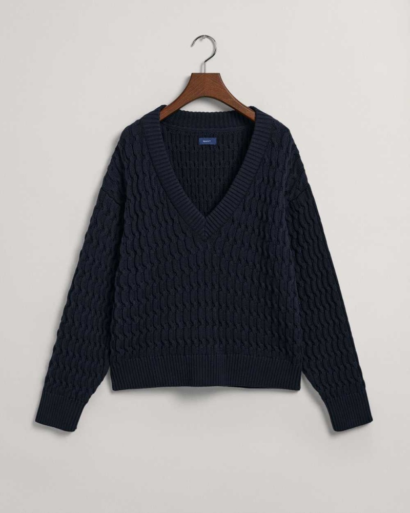 Gant Textured Cotton V-Neck Women's Sweater Evening Blue | SQNMA-2386