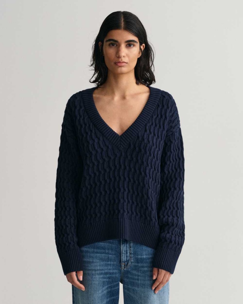 Gant Textured Cotton V-Neck Women\'s Sweater Evening Blue | SQNMA-2386