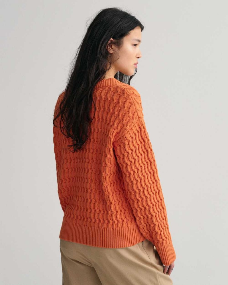 Gant Textured Cotton V-Neck Women's Sweater Pumpkin Orange | MRGBH-3140