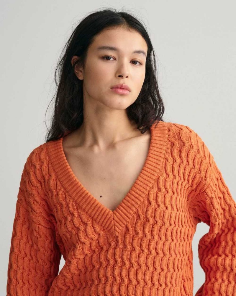 Gant Textured Cotton V-Neck Women's Sweater Pumpkin Orange | MRGBH-3140