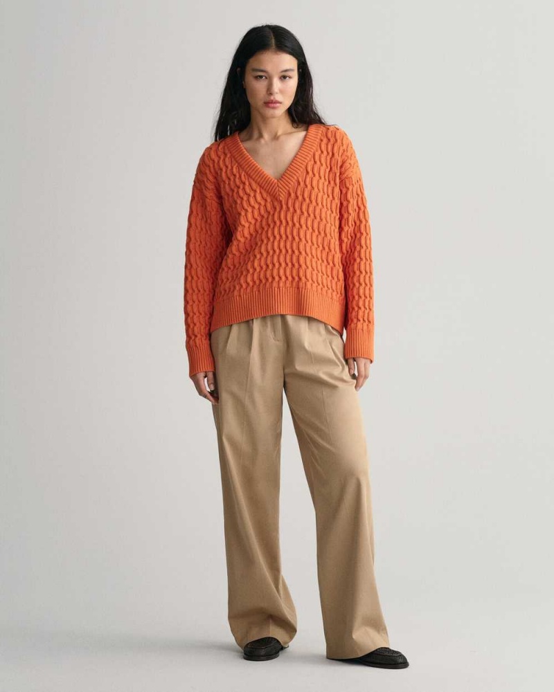 Gant Textured Cotton V-Neck Women's Sweater Pumpkin Orange | MRGBH-3140