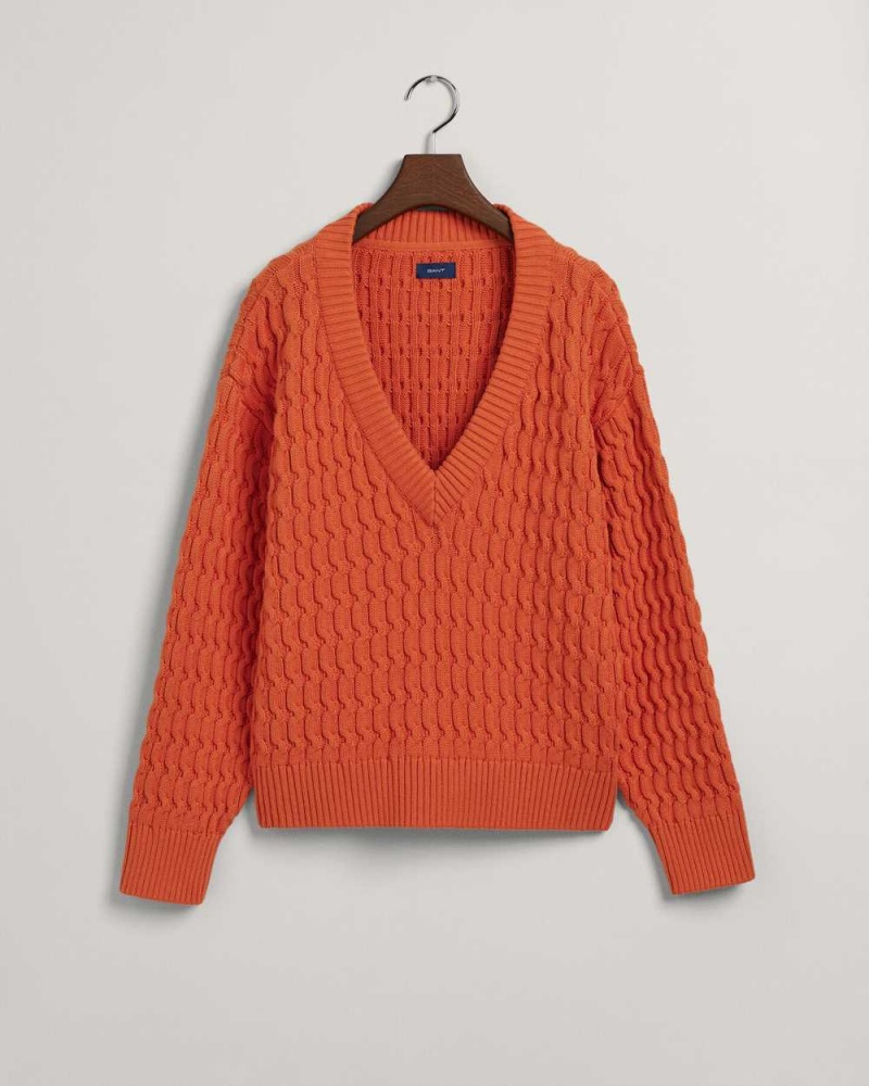 Gant Textured Cotton V-Neck Women's Sweater Pumpkin Orange | MRGBH-3140