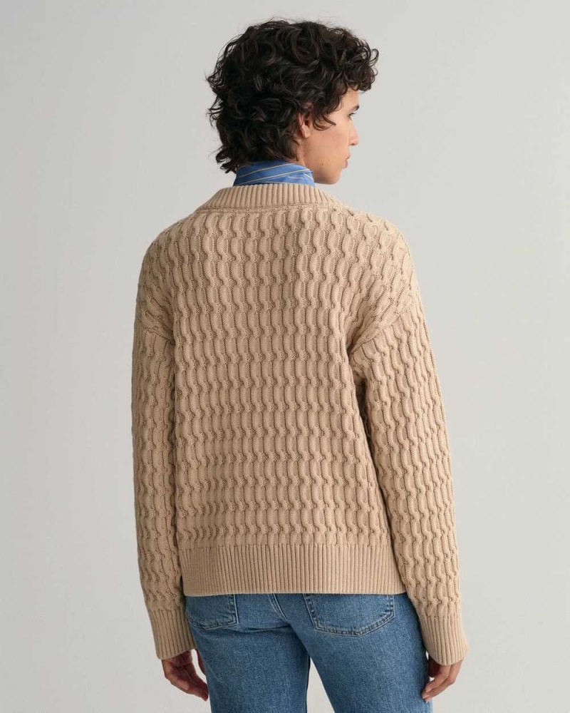 Gant Textured Cotton V-Neck Women's Sweater Dry Sand | SUQHY-9247