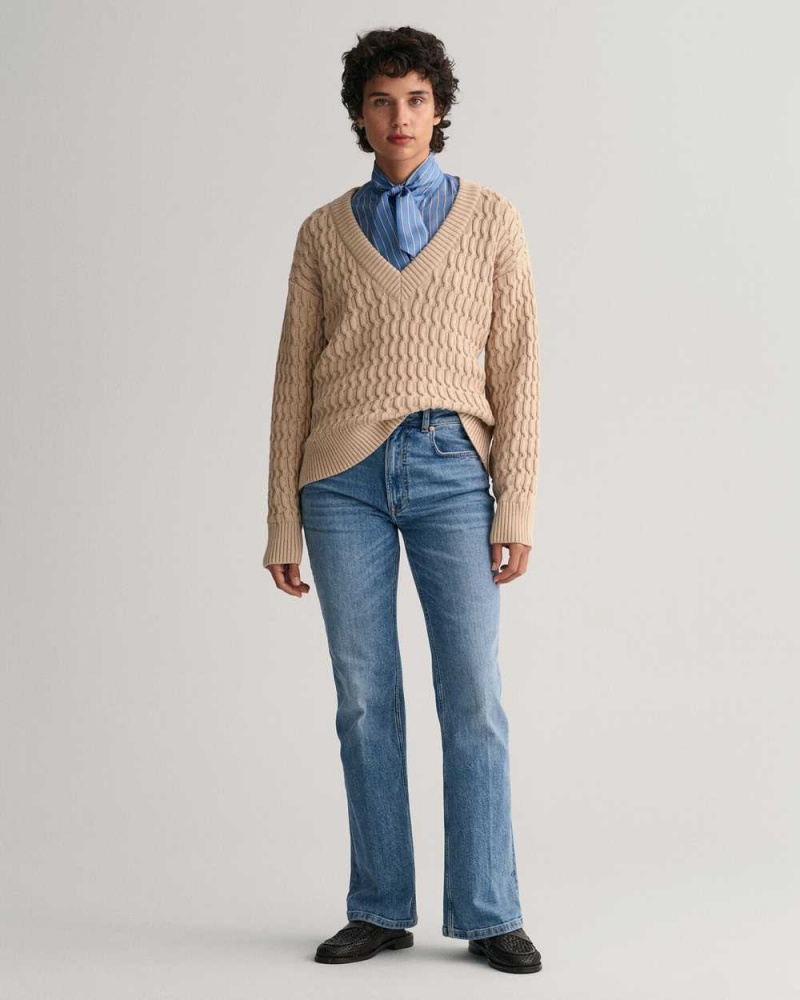 Gant Textured Cotton V-Neck Women's Sweater Dry Sand | SUQHY-9247