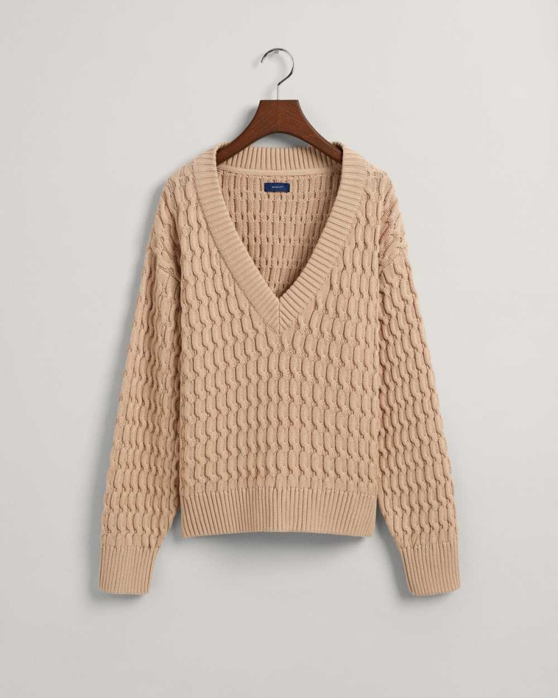 Gant Textured Cotton V-Neck Women's Sweater Dry Sand | SUQHY-9247