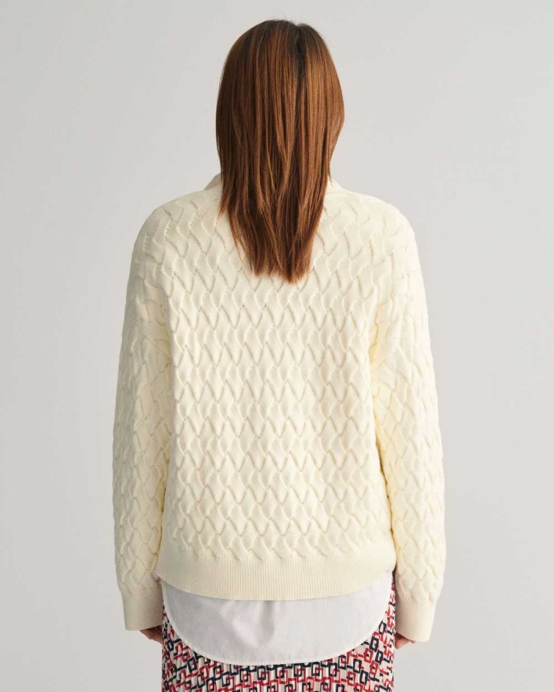 Gant Textured Cotton Women's Cardigan Cream | NUCFJ-1382