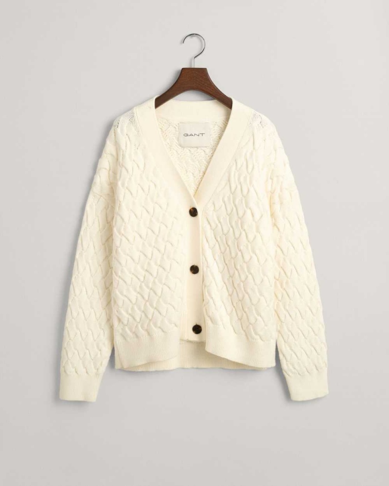 Gant Textured Cotton Women's Cardigan Cream | NUCFJ-1382