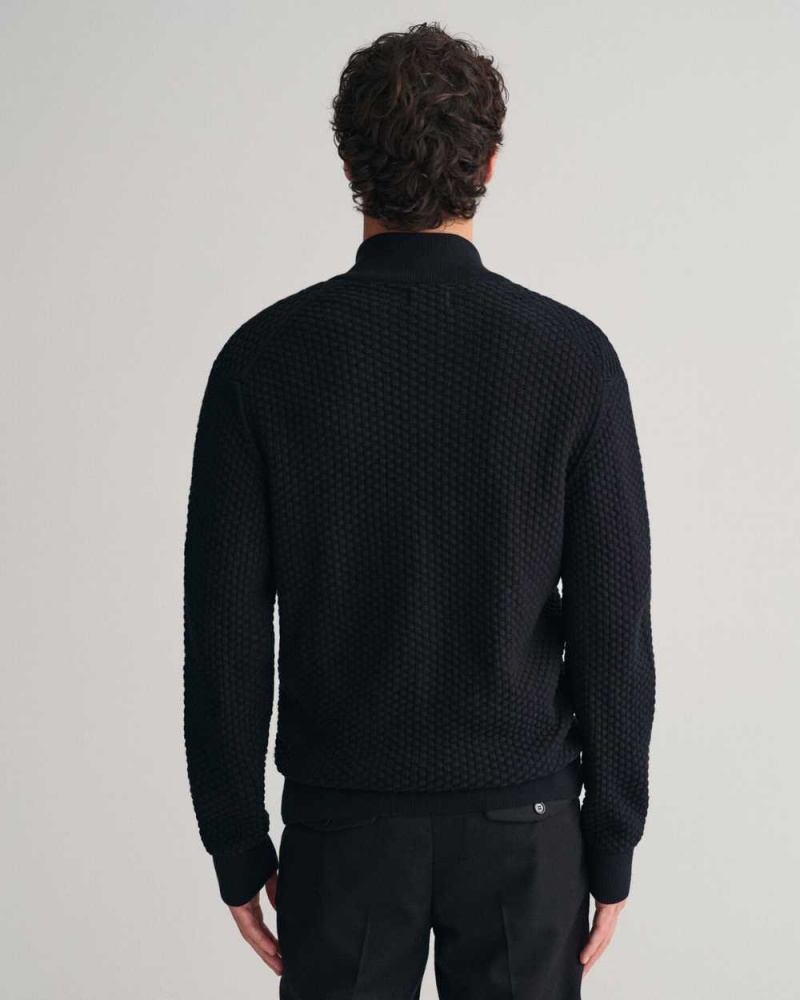 Gant Textured Cotton Zip Men's Cardigan Black | NYLZX-2918