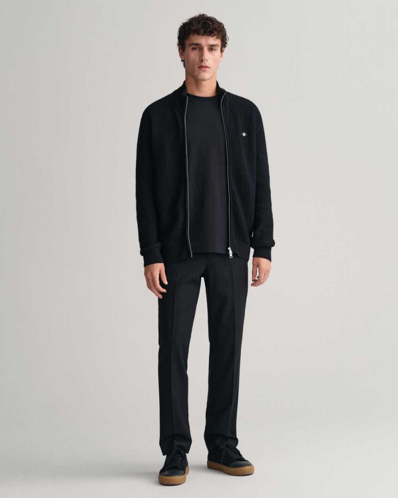 Gant Textured Cotton Zip Men's Cardigan Black | NYLZX-2918