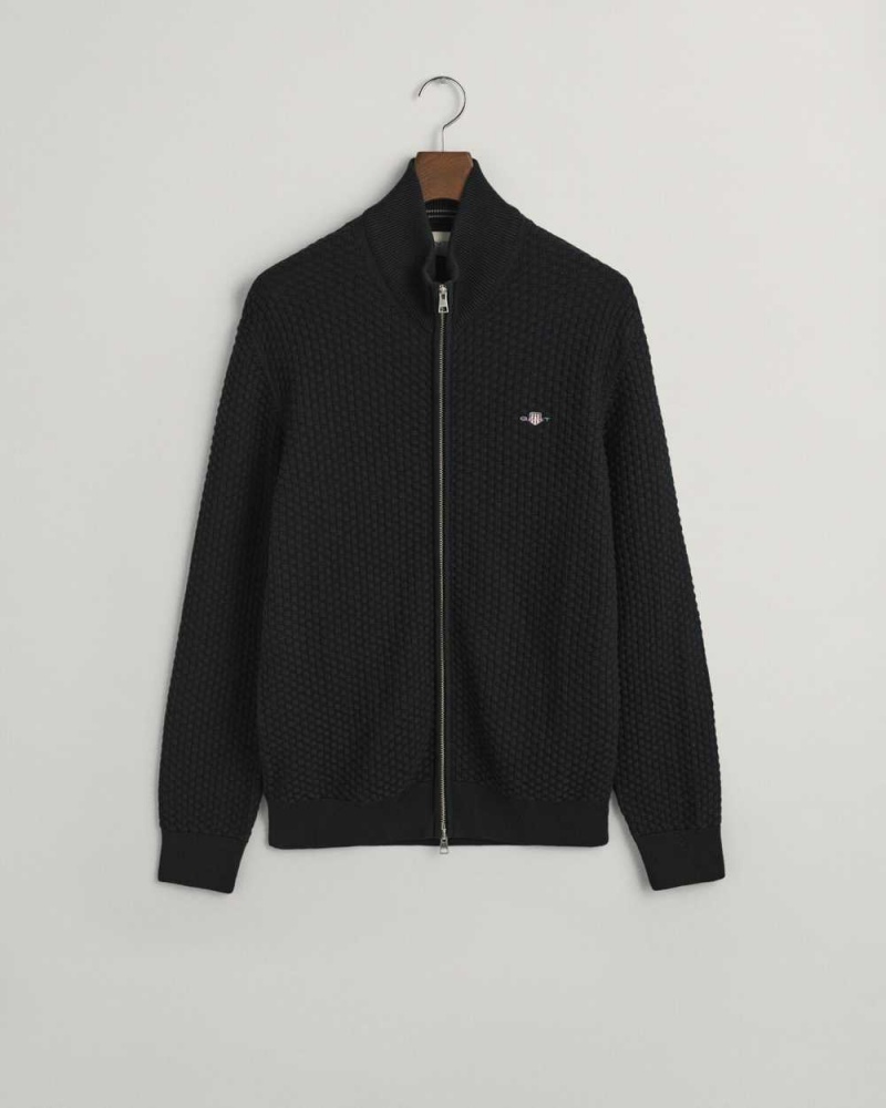 Gant Textured Cotton Zip Men's Cardigan Black | NYLZX-2918