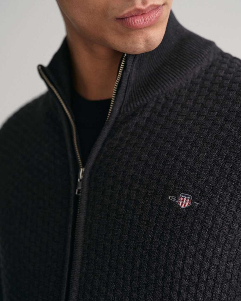 Gant Textured Cotton Zip Men's Cardigan Dark Charcoal Melange | ZTJQB-2435