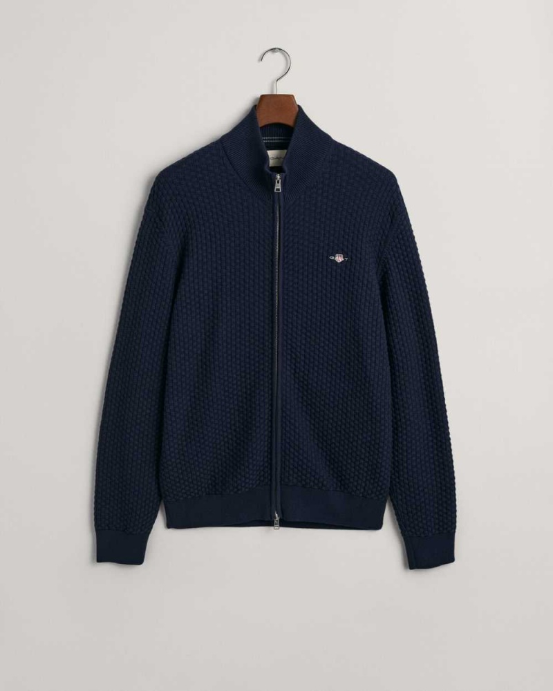 Gant Textured Cotton Zip Men's Cardigan Evening Blue | STNCR-8193