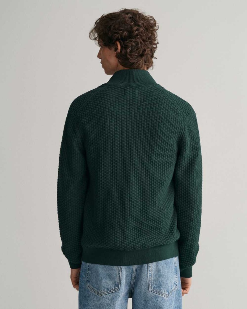 Gant Textured Cotton Zip Men's Cardigan Tartan Green | IAPVF-5807