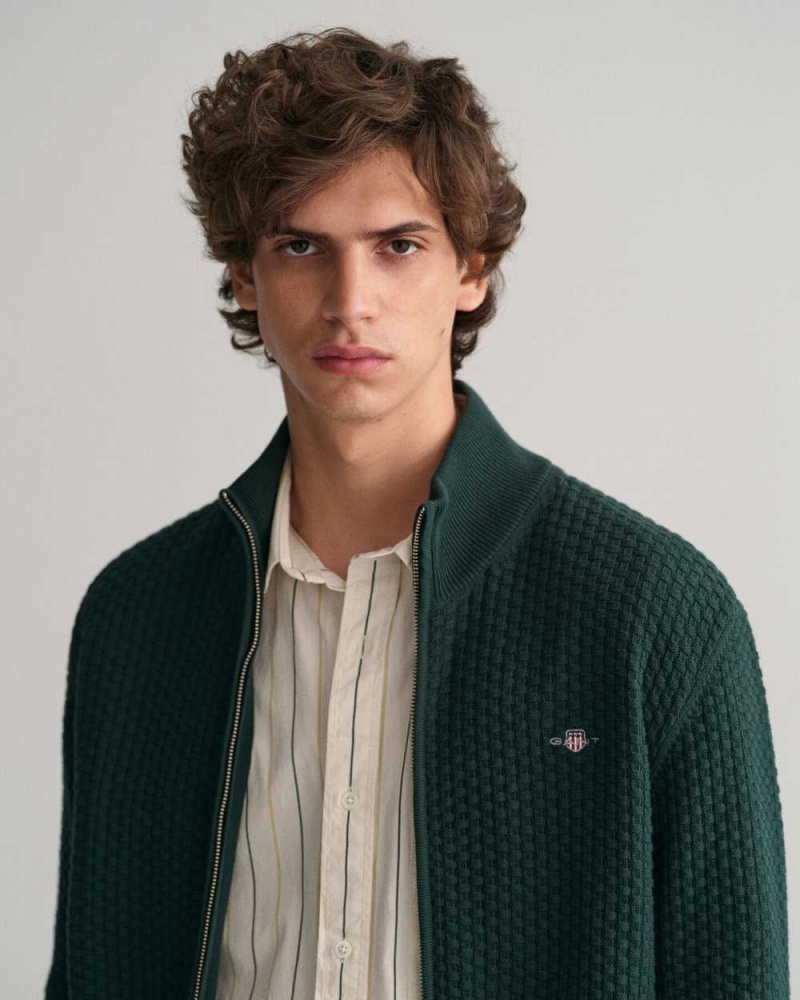 Gant Textured Cotton Zip Men's Cardigan Tartan Green | IAPVF-5807