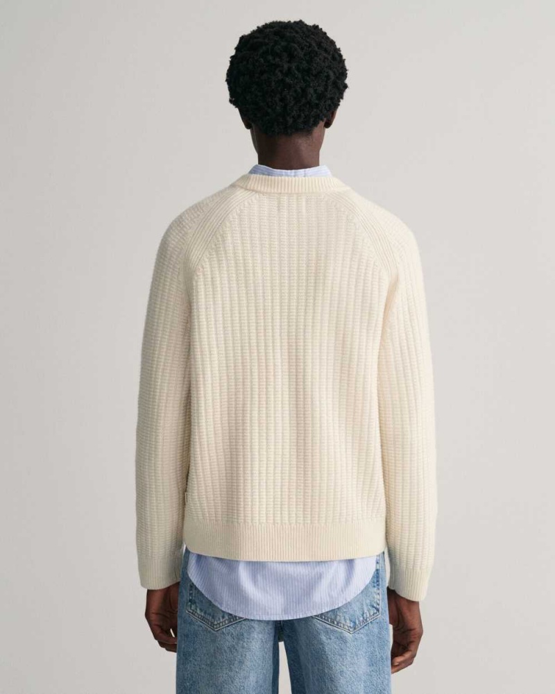 Gant Textured Crew Neck Men's Sweater Cream | QRUZD-7425