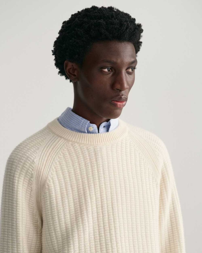 Gant Textured Crew Neck Men's Sweater Cream | QRUZD-7425